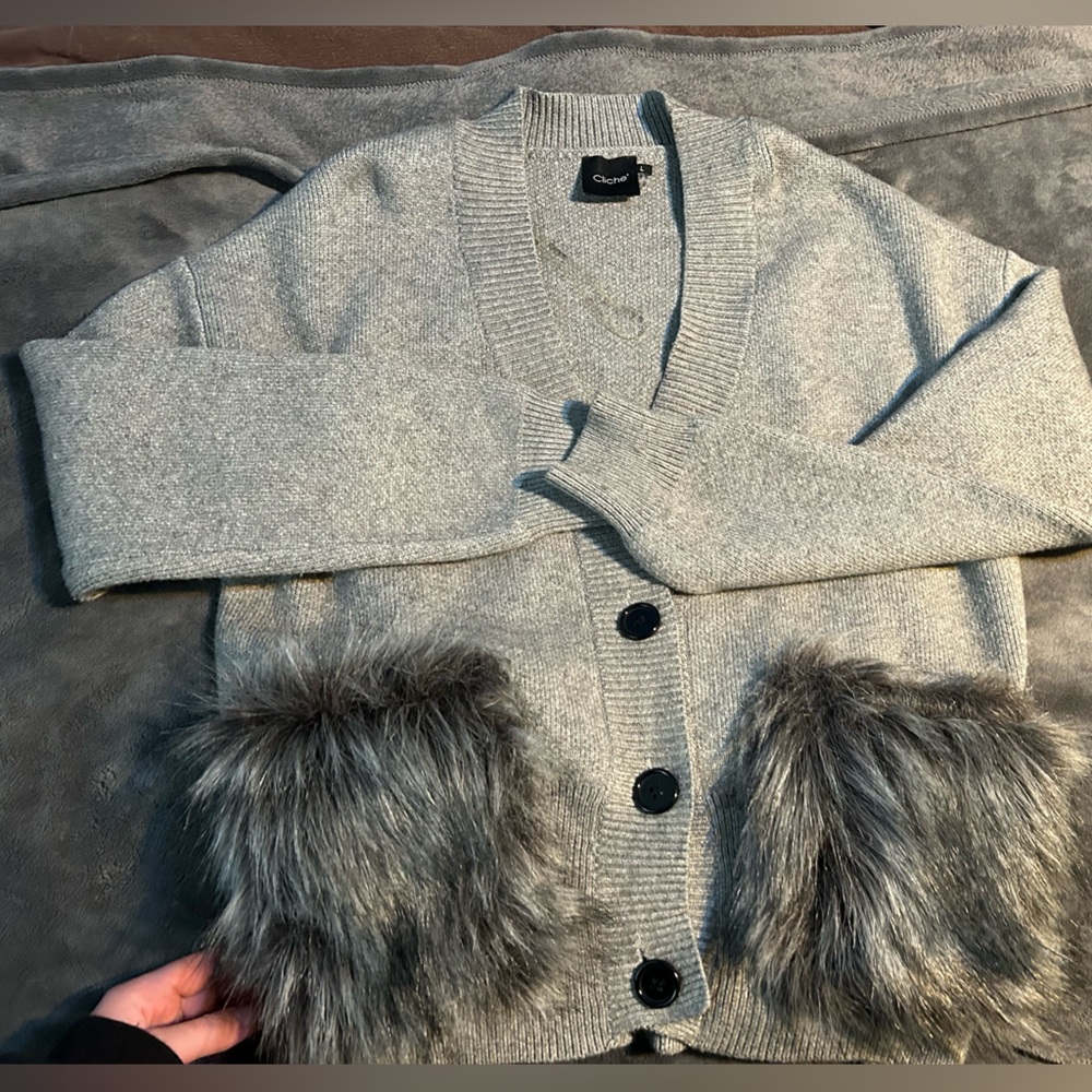 Grey Cliché Button Up Cardigan With Fuzzy Pockets